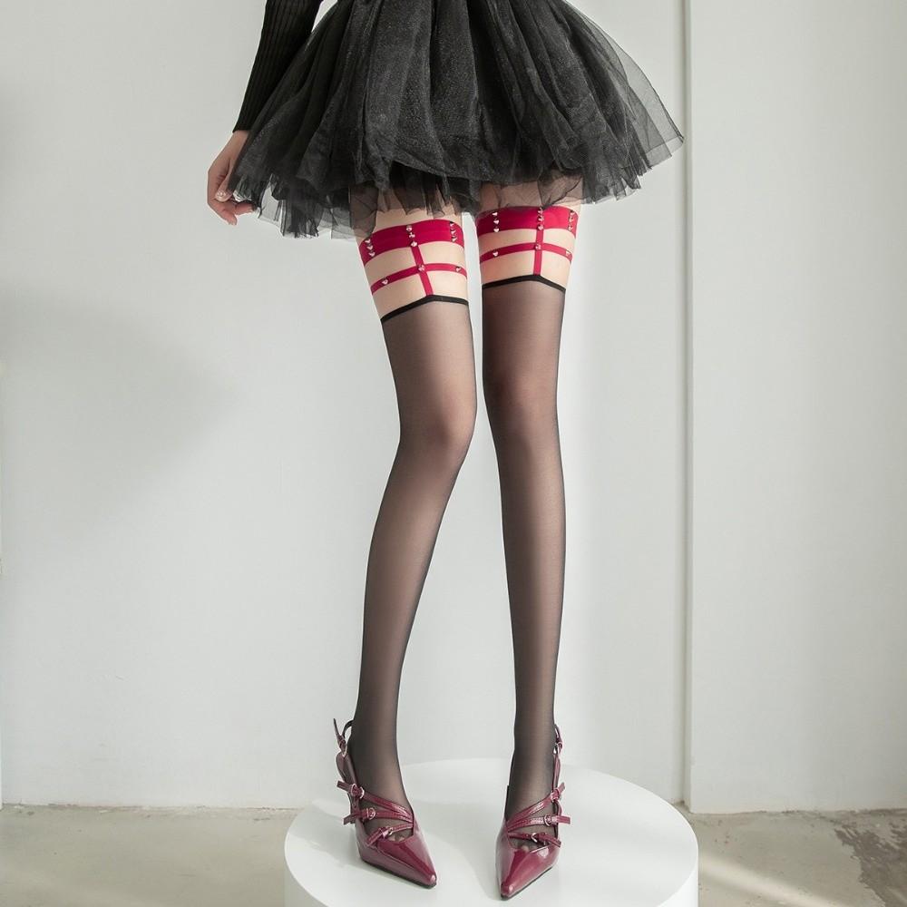 Breathable Garter Stockings High Elastic Over Knee Socks Fashion Rivet Silk Stockings Daily Use