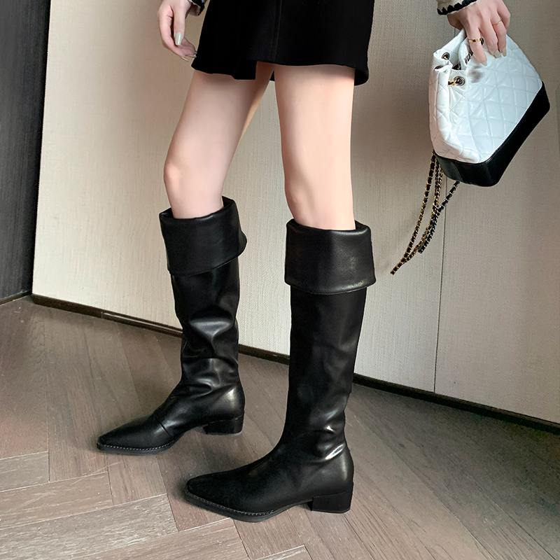 Krazing Pot Джинсовая осенне-зимняя обувь, круглый носок, толстый средний каблук, без шнуровки, плиссированные сапоги в стиле вестерн, женские сапоги до бедра