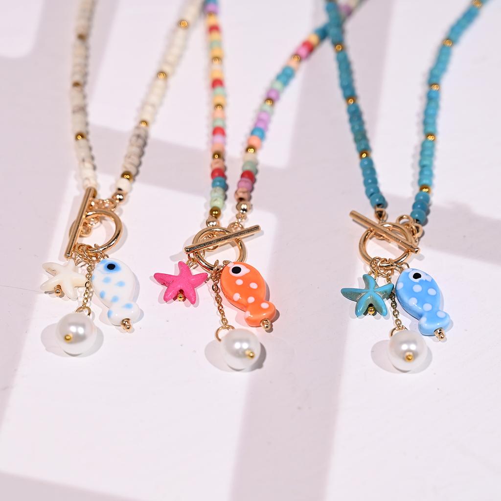 Bohemian Sea-Inspired Ceramic Fish & Starfish Pendant Necklace with 4mm Synthetic Turquoise Beads, Lightweight Beach Jewelry