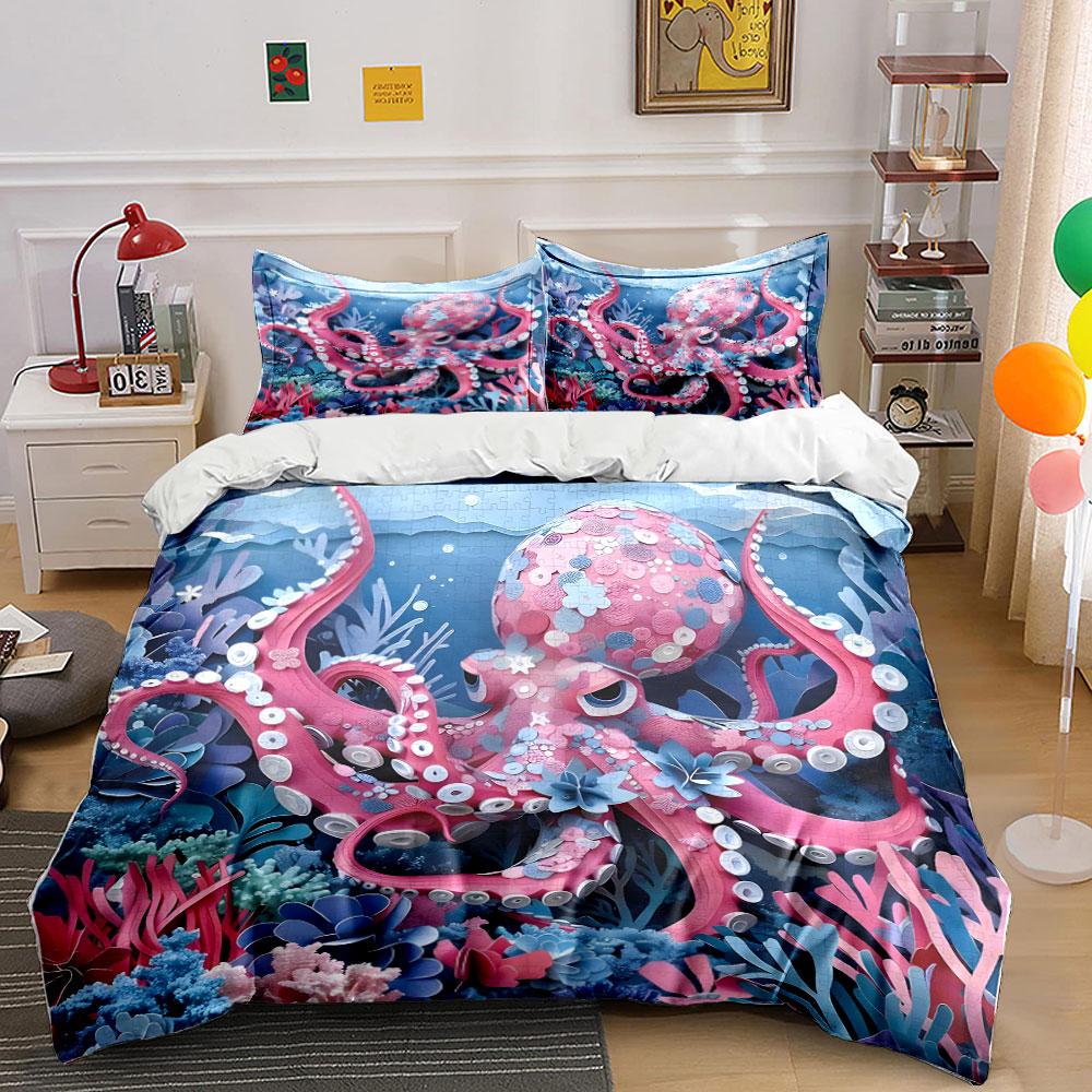 Underwater Octopus Puzzle Set Bedding Set with 1 Duvet Cover 2 Pillowcases Single Double King Queen, Gift