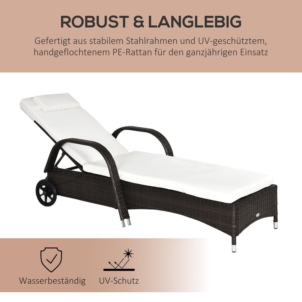 Garden Lounger with Cushion, Adjustable Backrest, Metal Frame, Poly Rattan, Brown+Cream, 200 x 73 x 103 cm