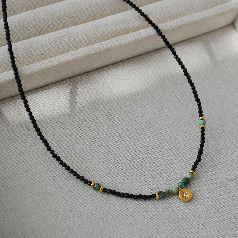 Французский нишевый дизайн, простое ретро литературное черное шпинельное бирюзовое круглое фирменное ожерелье со звездой на ключицу, цепочка для женщин
