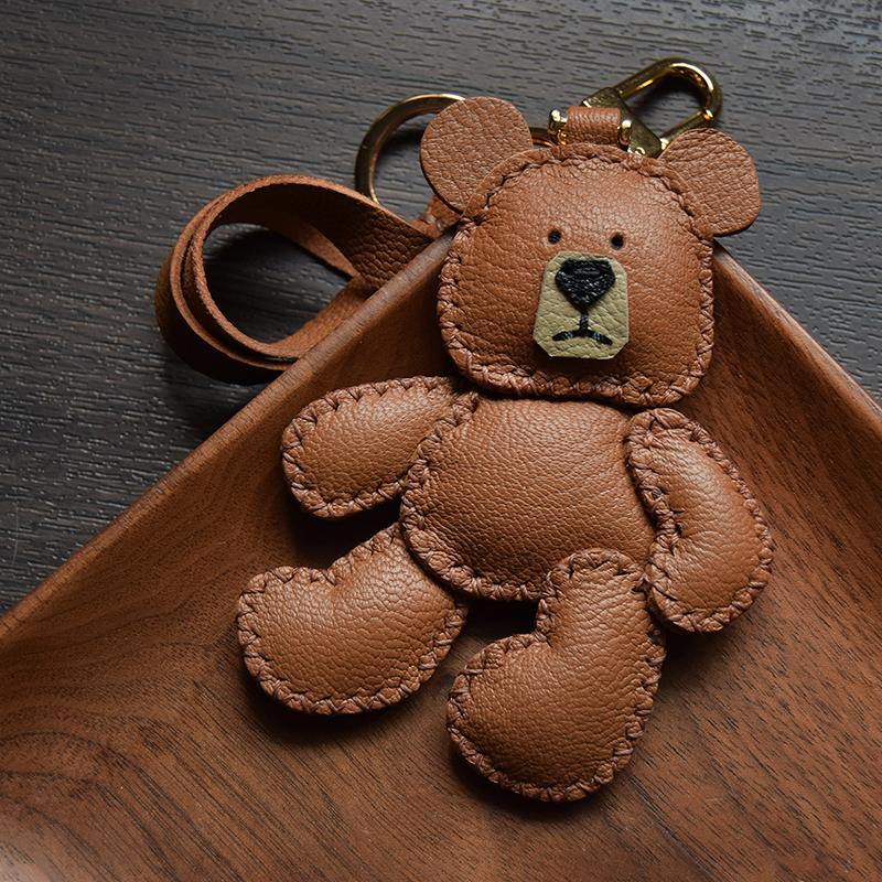 Original Design Teddy Puppet Bear Leather Car Key Bag Pendant Handmade Custom Gift Women's Keychain