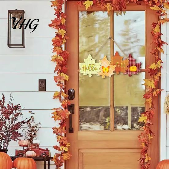 Rustic Autumn Welcome Sign with Hanging Rope for Front Door, Maple Leaf Shape Wood Wooden Plaque Decor Pumpkin And Butterfly Elements Fall Harvest