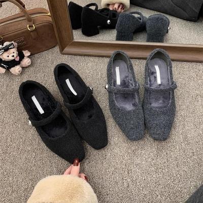 Туфли-лодочки серые с квадратной головкой и толстым каблуком женские зимние французские темпераментные бархатные вечерние туфли Мэри Джейн на высоком каблуке пушистые