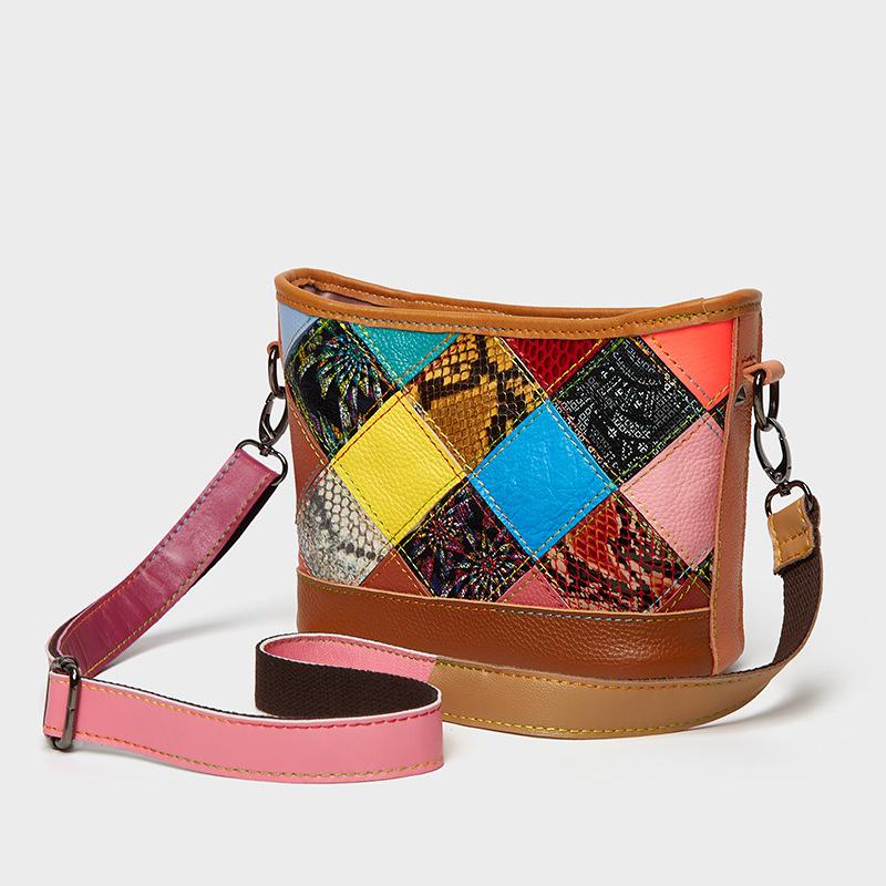 Весенне-летняя модная сумка-ведро в стиле пэчворк, цветная женская сумка из змеиной кожи на плечо
