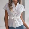 Women's Loose Casual Solid Color Button Drawstring Short Sleeved Shirt Top Short Sleeved Shirt Top