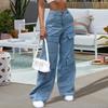 Women Jeans High Waist Button Zipper Fly Straight Wide Leg Denim Pants with Multi Pockets