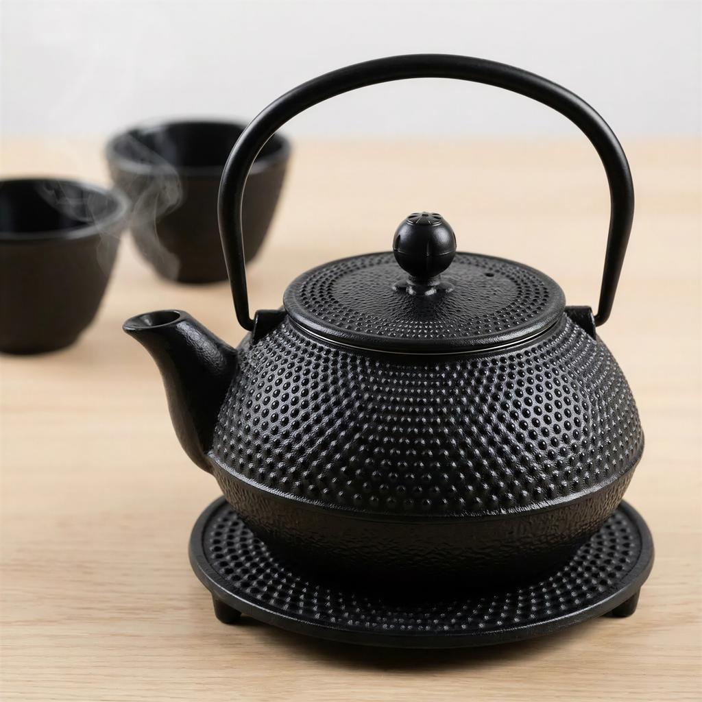 CAST IRON KETTLE 0.8L TEAPOT SET 2x CUPS STAND BLACK