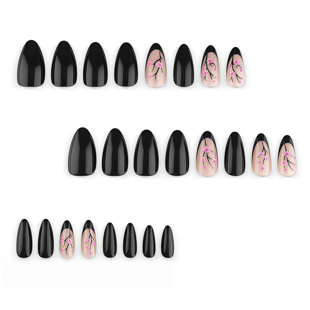 Simple Pure Black Glossy French Peach Blossom High-end Ins Style Wearable Manicure 24 Pieces Of Manicure Tablets