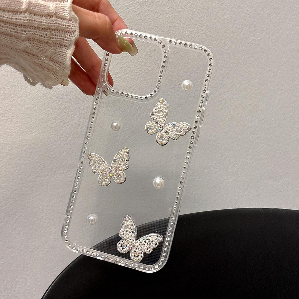 INS Korea Glitter 3D Pearl Butterfly Diamond Phone Case  For Samsung S25 S24 S23 Ultra Plus S22 S21 FE A16 A26 A36 A56 A06 A15