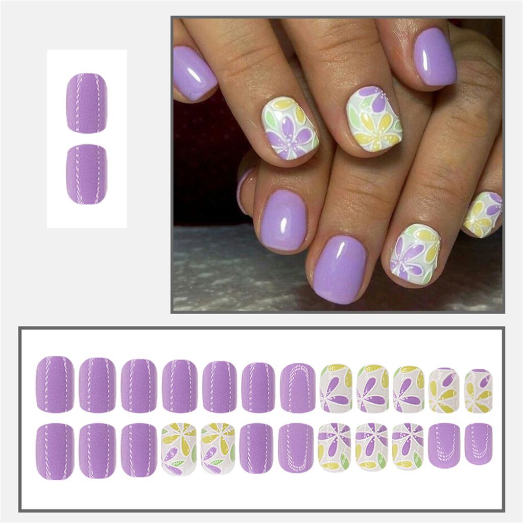 Square Press On Nails Flower Fake Nails Glue On Nails Artificial Acrylic Nails 24pcs Stick On Nails for Women Girls