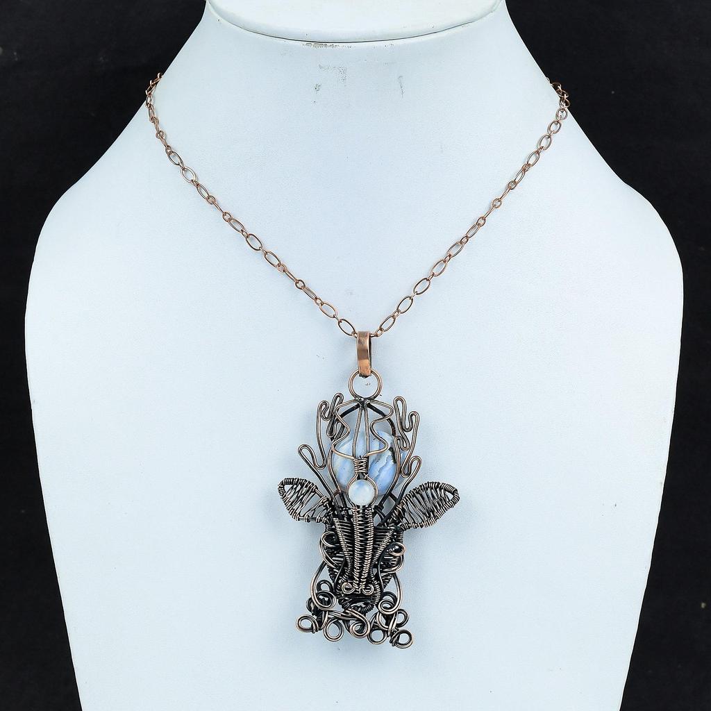 Подвеска из голубого кружевного агата, подвеска из драгоценного камня, обернутая медной проволокой, подвеска из радужного лунного камня, ювелирное изделие ручной работы из медной проволоки, уникальная подвеска в виде морды оленя