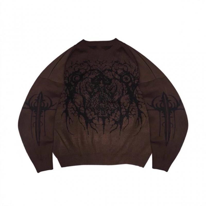 Womens Oversized Streetwear Knit Sweater With 3D Tribal Jacquard Coffee Color Fall Winter 2025