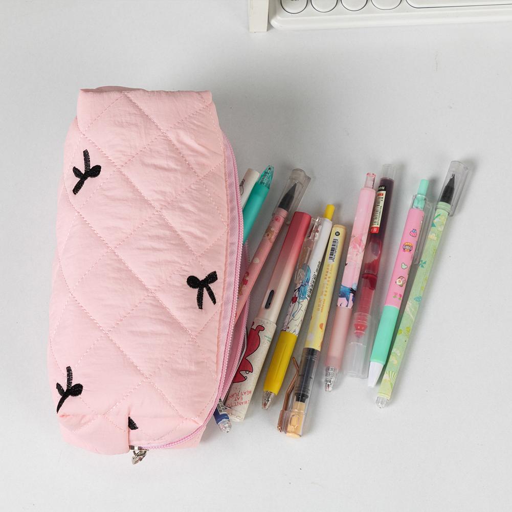 1Pc Simple Bowknot Large Capacity Pencil Bag Fresh Quilting Stationary Storage Bags For Girls Makeup Pouch Pencil Case