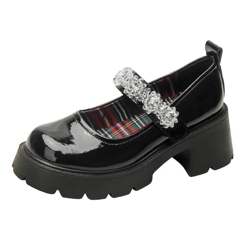 Маленький размер 33 34 лакированные туфли Мэри Джейн на платформе женские туфли в клетку на высоком каблуке туфли-лодочки с круглым носком женские готические туфли