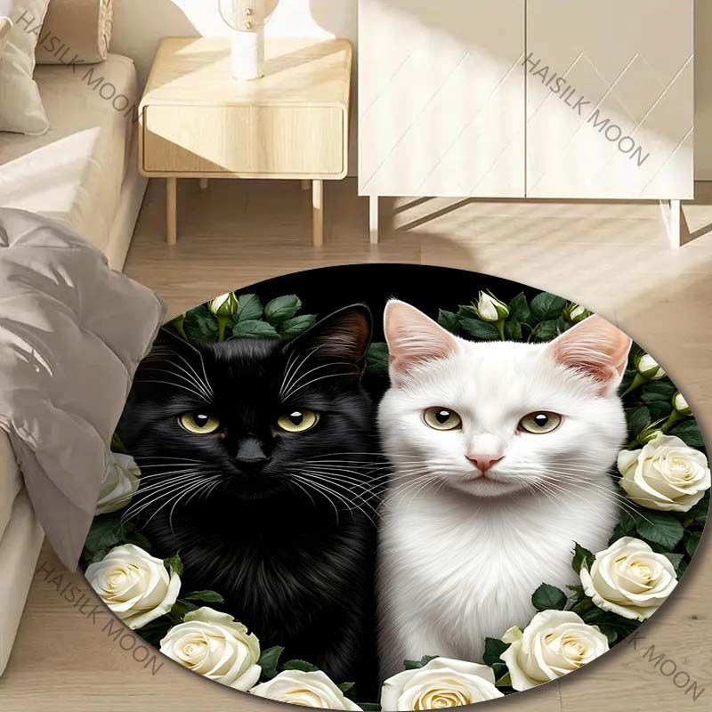 Multiple sizes Black and white cats, white roses Print Round Carpet Living Room Bedroom Table Chair Sofa Decorative Carpet