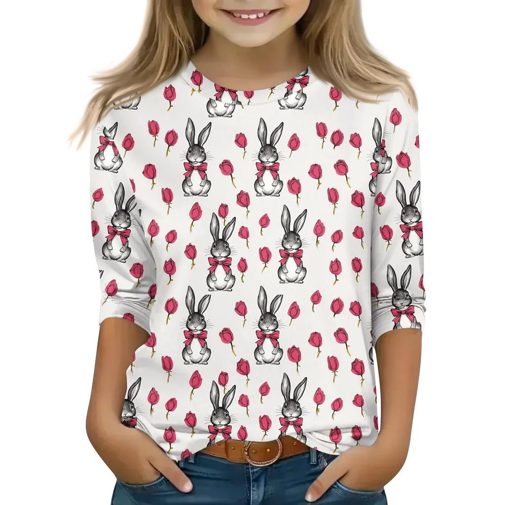 Топы с принтом для девочек 5-16 лет с круглым вырезом и рукавами 3/4 Футболки Модные топы Наряды Футболки
