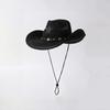 Western cowboy hat for men and women, vintage distressed five-pointed star, faux suede, metal buckle, wide brim, outdoor riding, sun protection