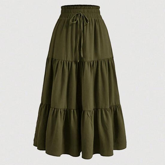 Bohemian Style Women Skirt Elastic High Waist Adjustable Drawstring Cake Skirt Solid Color A-Line Summer Skirt