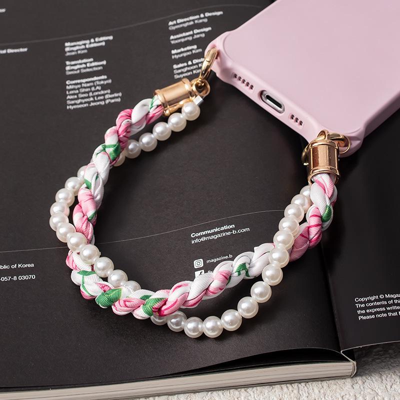 Douyin-Style Pearl Phone Lanyard with Silk Scarf Strap & Pendant