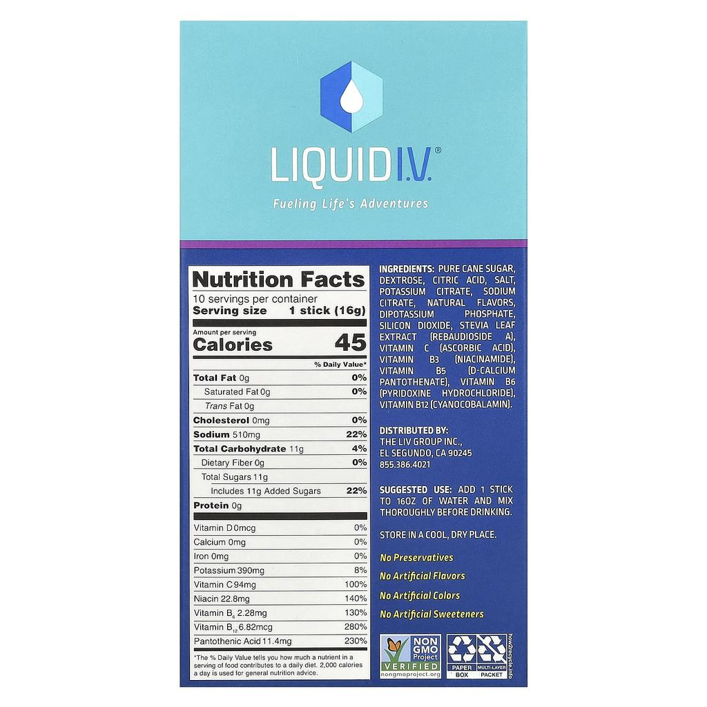 Liquid I.V. Moisture Multiplier, Electrolyte Drink Mix, Acai Berry, 10 Stick Packs, 16 G (0.56 Oz) Each