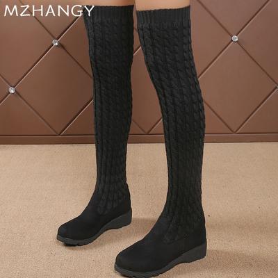 Модные женские туфли на танкетке, высокие сапоги на среднем каблуке, выше колена, вязаная обувь, женская 2025, трендовая зимняя мода, классические сапоги-носки, Mujer Botas