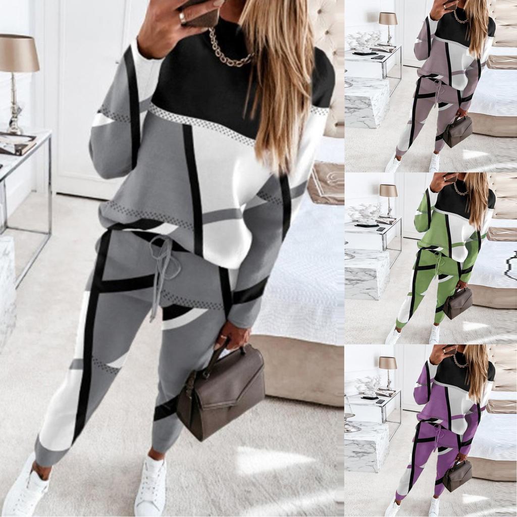 Women's Fashion Casual Solid Color Printed Tops Pants Suit