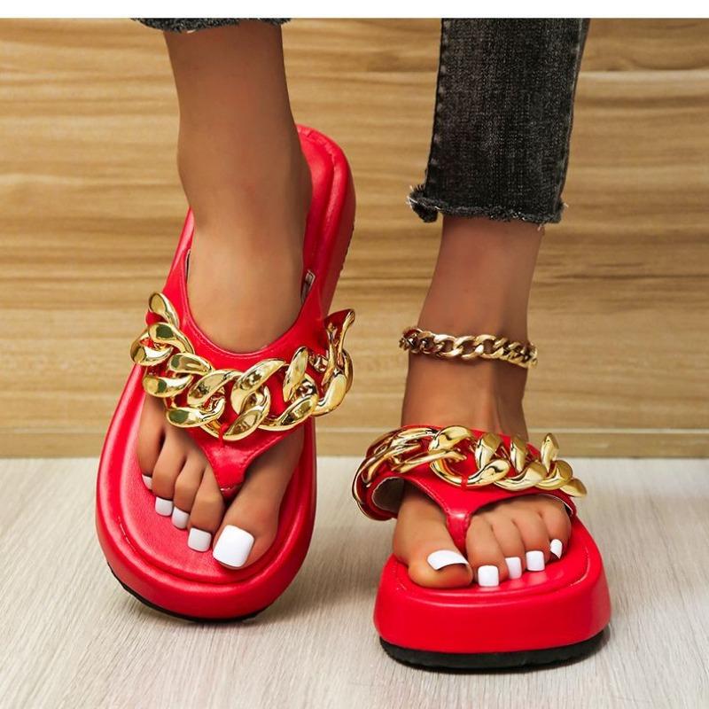 Roman Muffin Flip-flops Strap Sandals Women's Summer Flats Casual Beach Shoes Chain Women's Shoes
