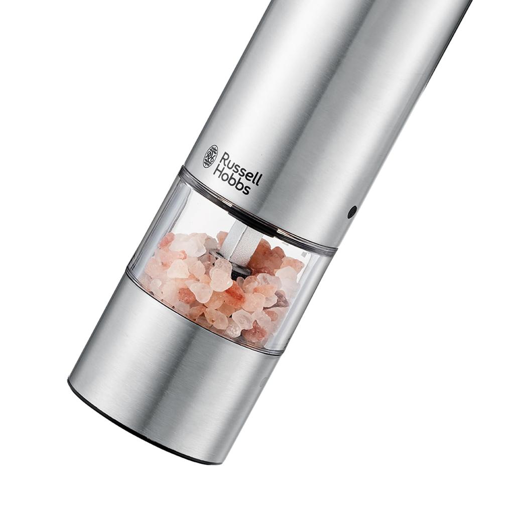 Russell Hobbs Electric Salt & Pepper Mill, Rechargeable, for Rock Salt, Pepper, and Spices, Adjustable Coarseness, Mini, Set of 2, Silver, 7942JP