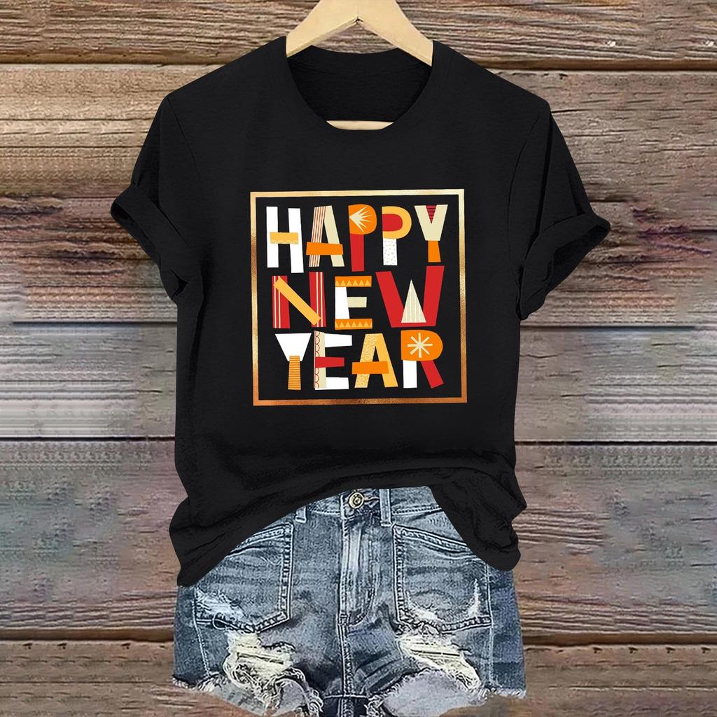 Ladies Casual 2025 New Year Printed Round Neck Short Sleeve T-Shirt Top