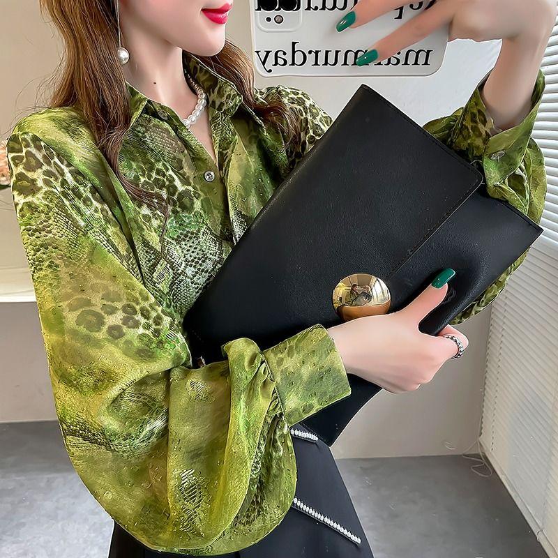 Весна Осень Вышивка Рукав-фонарик Рубашка Женская Элегантная Модная Блузка на пуговицах Женский Топ