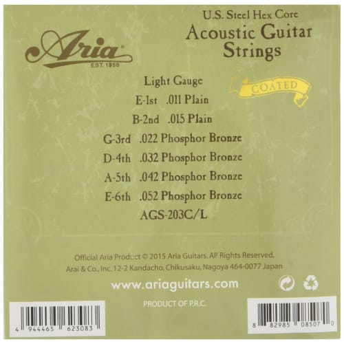 ARIA Coated Strings (3-Pack) for Acoustic Guitar, Light (AGS-203C L)