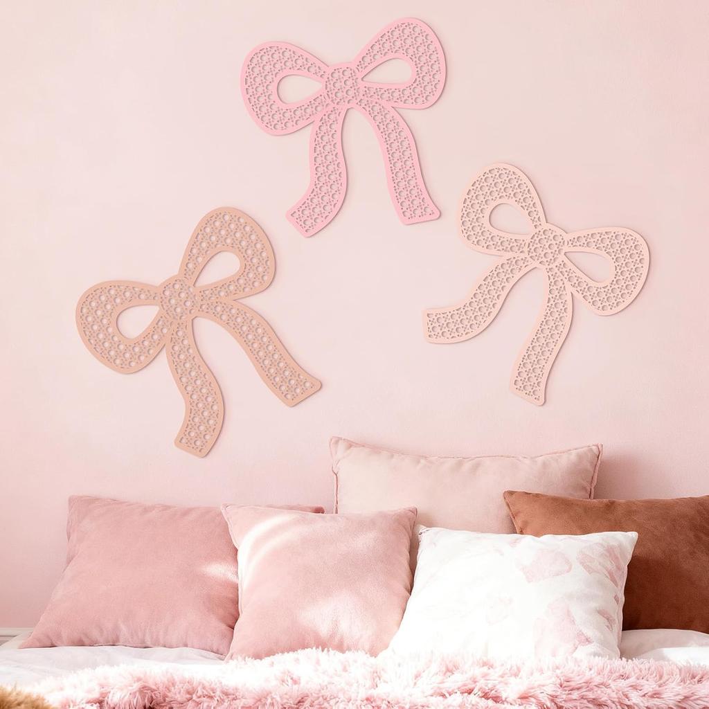 3 Pcs Boho Bow Wall Decor Pink Bow Nursery Decoration Coquette Room Decor Wooden Woven Macrame Wall Hanging Pink Preppy Decoration for Nursery Dorm