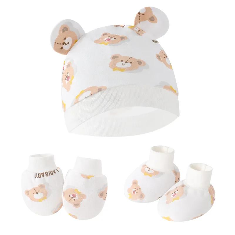 Комплект из 3 перчаток и носков для новорожденных, хлопковая детская шапочка с милым принтом в форме уха, реквизит для фотосъемки, аксессуары для младенцев, подарок на день рождения
