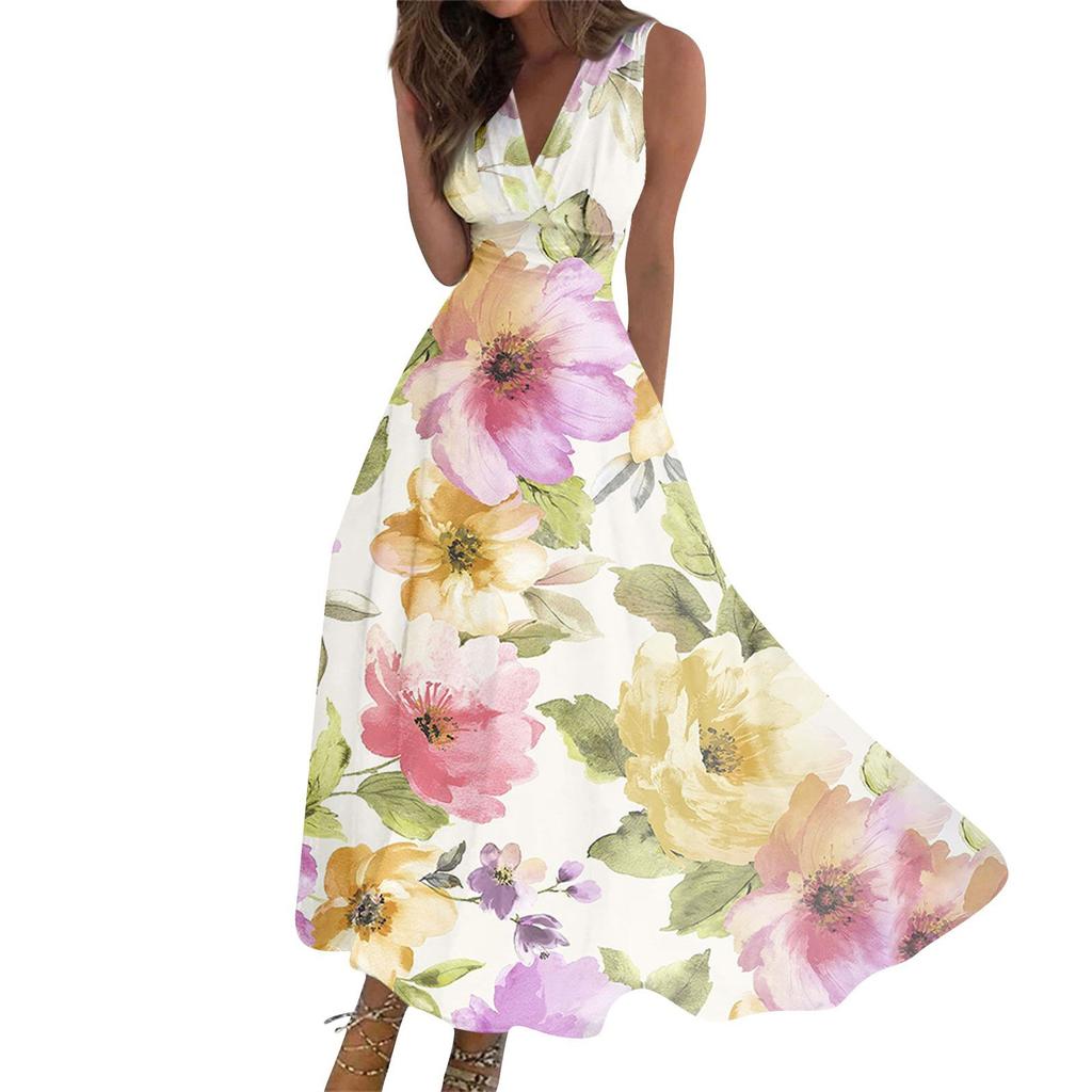 Women's Long Dress Maxi Dress Casual Dress Summer Casual Sleeveless V Neck Boho Waist Retraction Printed Dress