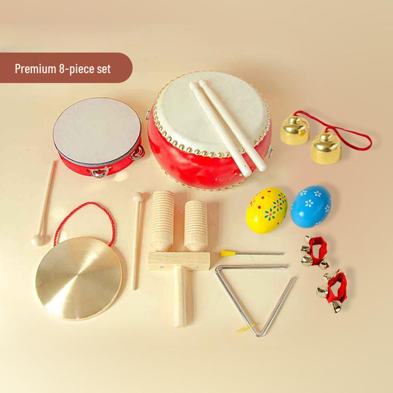 Детские музыкальные инструменты Орфа: Треугольник, Кастаньеты, Маракасы, Бубен, Деревянные бруски, Тарелки