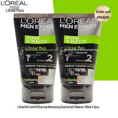 L'Oreal Men's Очищающее средство для лица с углем и ментолом, двойного действия, контроль жирности