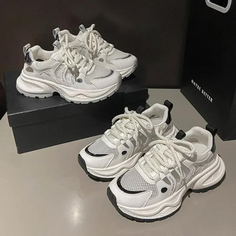 Мода 2024 года, высококачественные женские кроссовки на платформе, массивные женские повседневные туфли для папы, женская модная спортивная обувь со шнуровкой в сетку