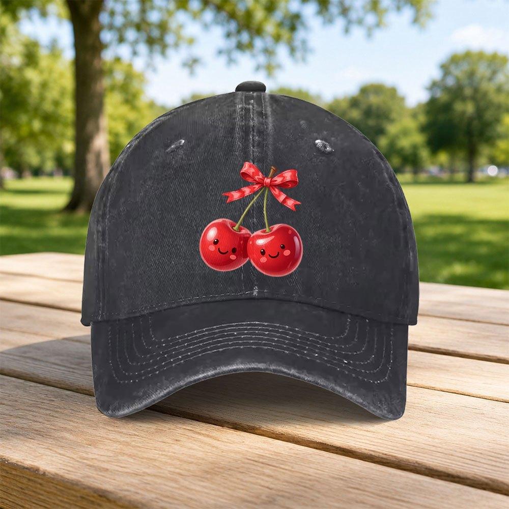 Classic Cute Cherry Bow Washed Baseball Cap Unisex Casual Dad Hat Retro Sports Streetwear