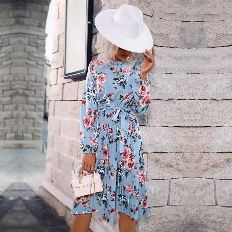 YYFS Women's Fashion Summer Spring Floral Print Long Sleeve O-Neck Casual Dresses