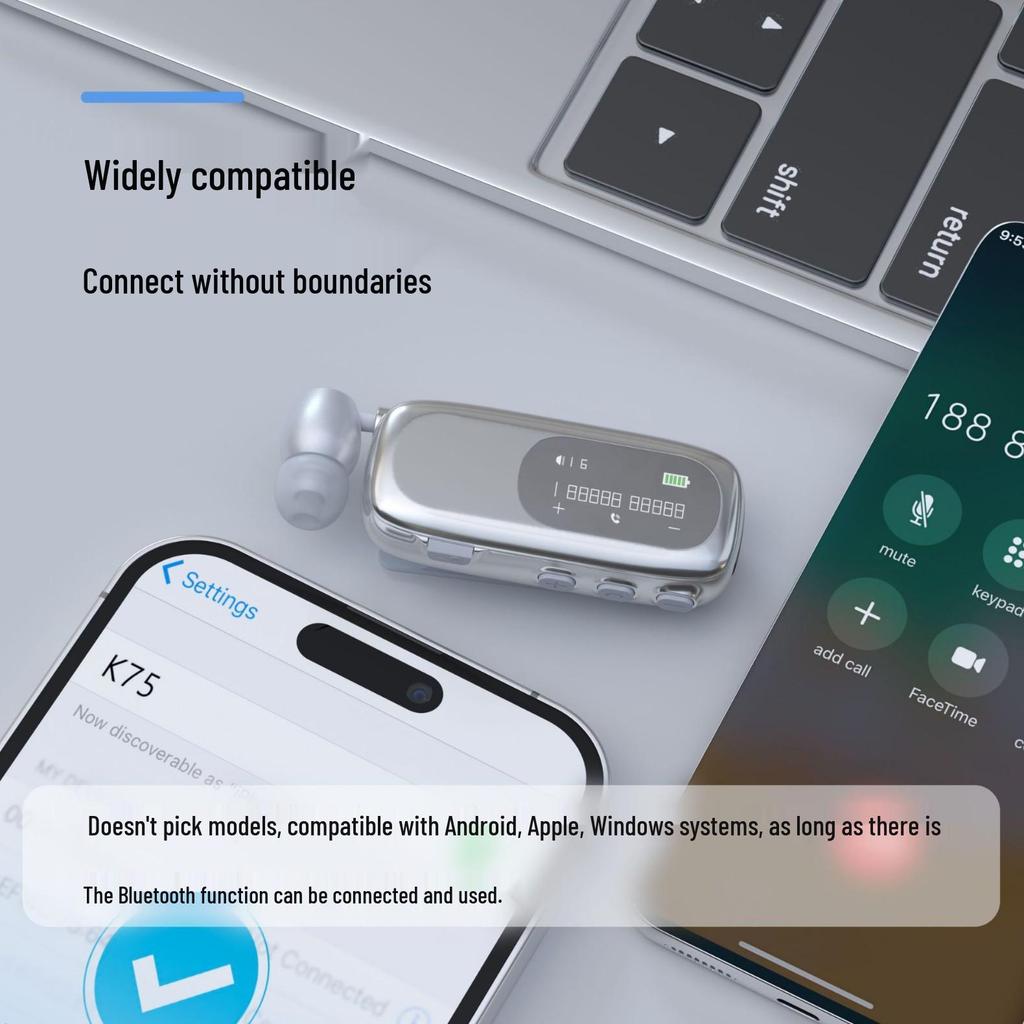 K75 Bluetooth-наушник с креплением-клипсой: Один вкладыш, Долгое время работы от аккумулятора, Быстрая зарядка, Умный дисплей, Шумоподавление для езды на велосипеде