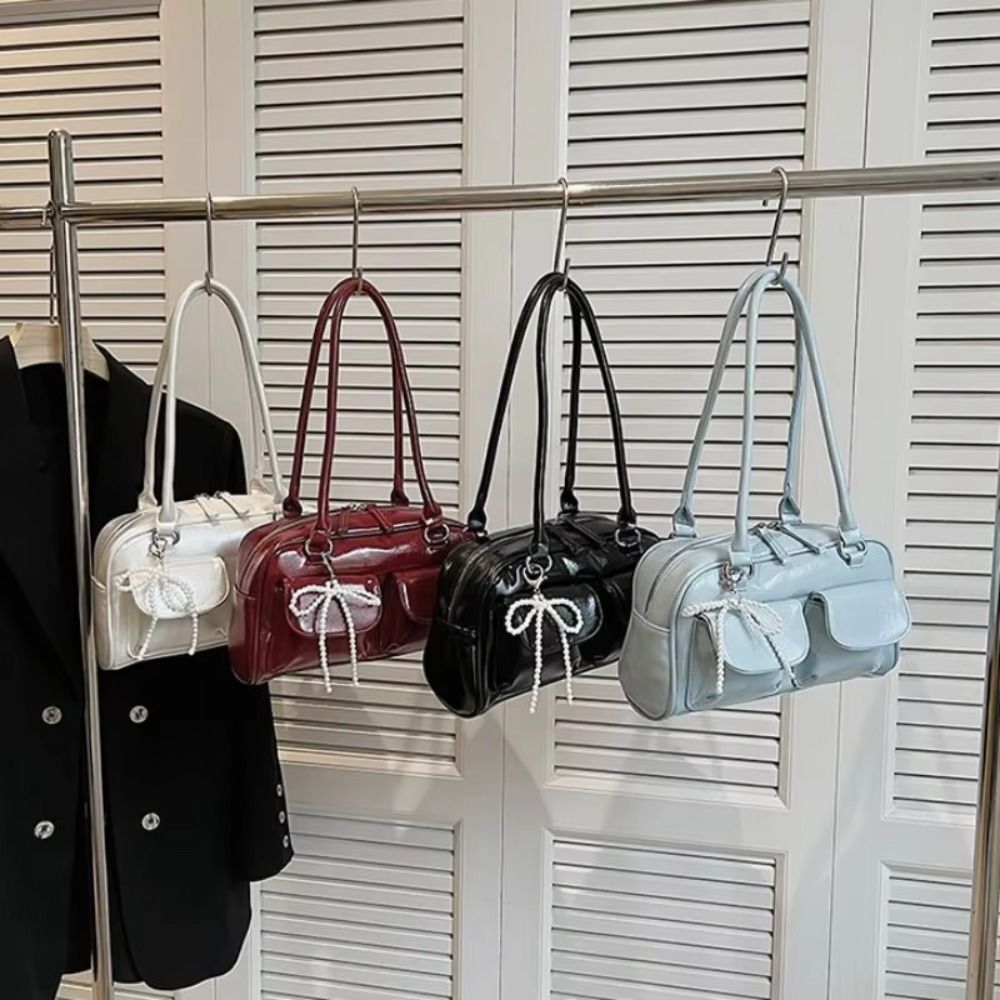 Handbag PU Bowling Bag Solid Color Underarm Bag Mini Pocket Boston Tote Bag Travel