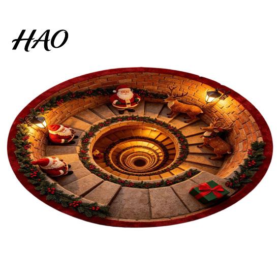 Round Christmas Area Rugs Rug, 3D Visual Trap Floor Mat with Santa Elk Print, Non Slip Holiday Decor Non-Slip Stain Resistant Winter Carpet for Living