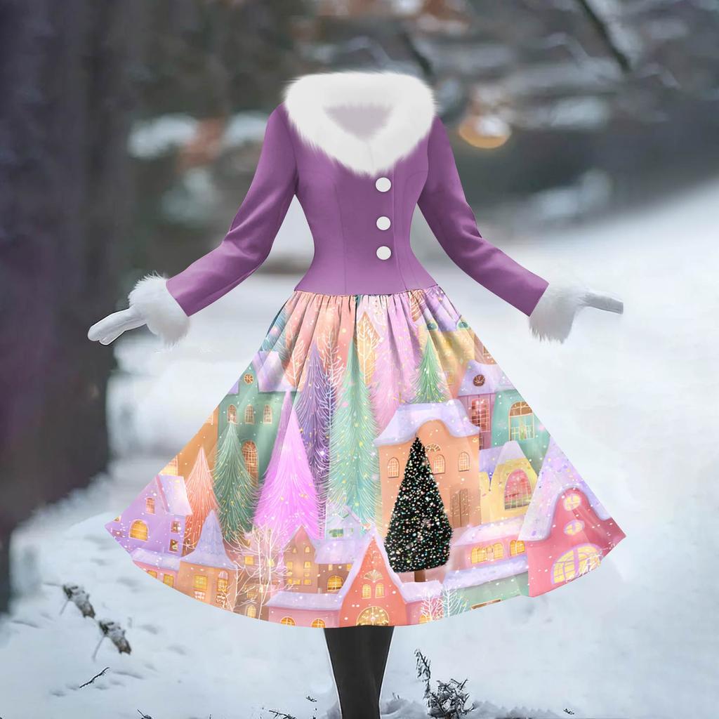Женское повседневное платье с длинным рукавом, V-образным вырезом, лоскутным флисом и рождественским принтом