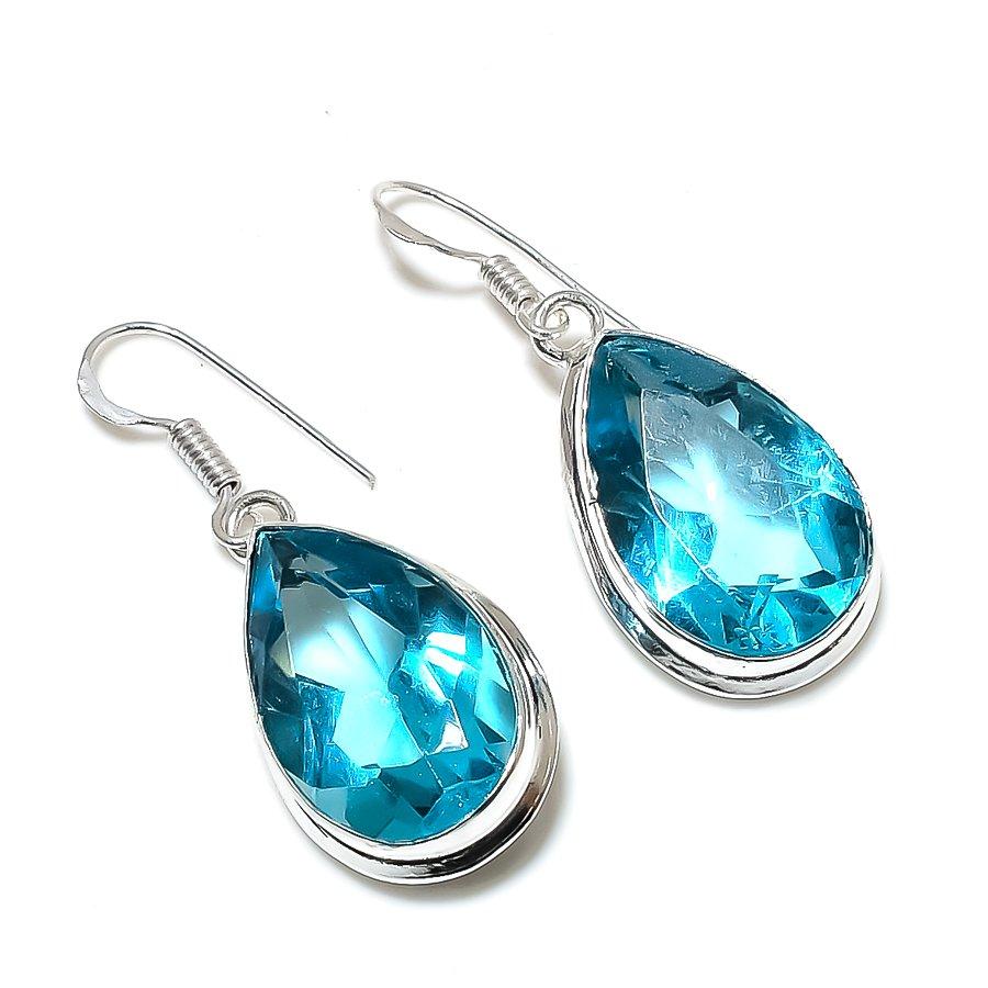 Швейцарский голубой топаз драгоценный камень 925 стерлингового серебра подарочные ювелирные изделия серьги 1.65" P5c01