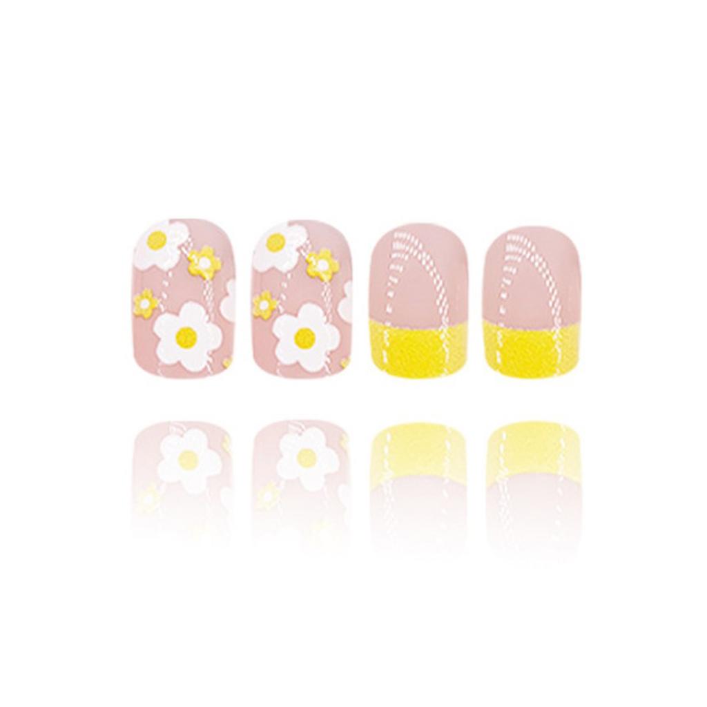 24 шт. Желтые накладные ногти с французским кончиком, короткие квадратные, с цветами, акриловые, простые, с полным покрытием, самоклеящиеся