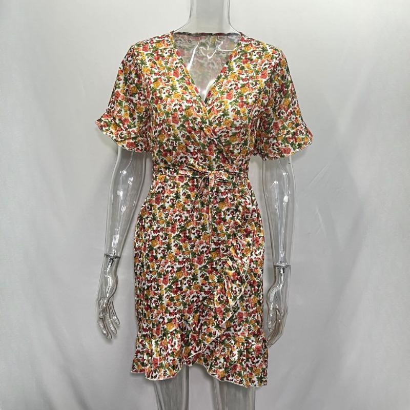 GMXIA Summer Printed V-Neck Tie High Waist Chiffon Floral Dresses