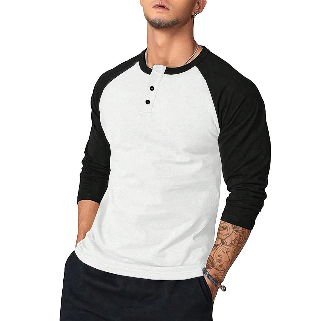 Men's Casual Button-neck Two-tone Shoulder Long Sleeve Top