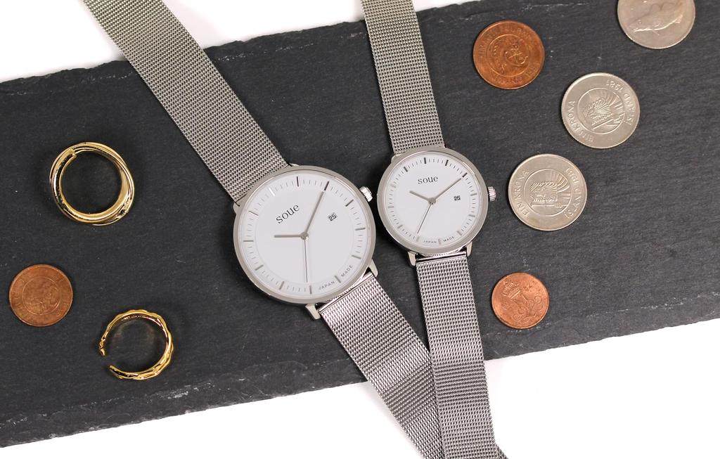 Soue Pair Watch A Basics Pair Watch Pair Couple 38mm X 30mm Size Stainless Steel Mesh Band Silver White Dial [SOUE] Women's Men's